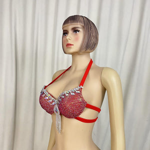 Dancing Bra Top, Women's Red Embellished Rhinestone Halter Bra, Belly Dance