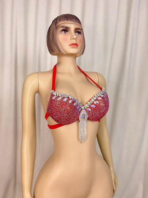 Dancing Bra Top, Women's Red Embellished Rhinestone Halter Bra, Belly Dance