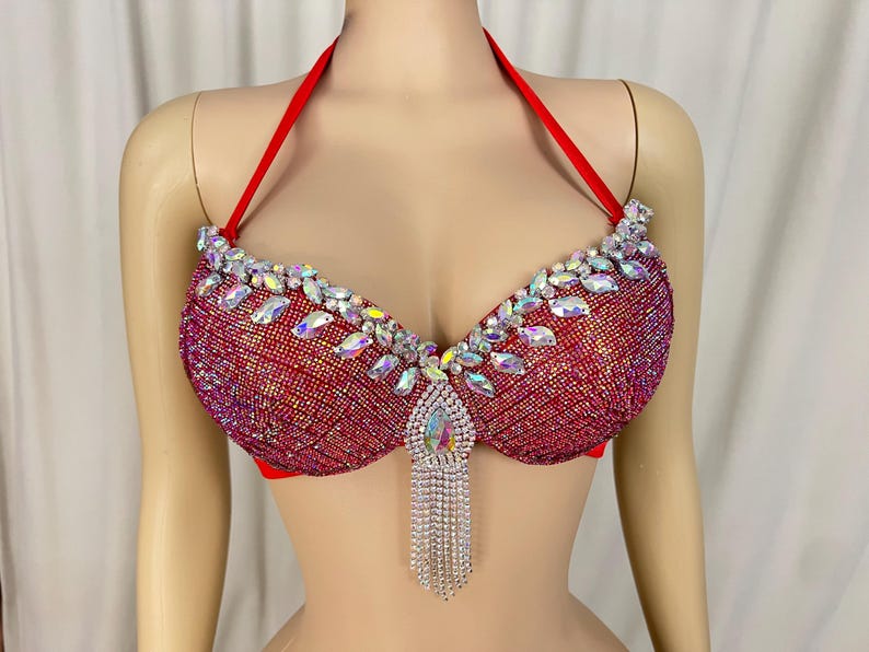Dancing Bra Top, Women's Red Embellished Rhinestone Halter Bra, Belly Dance