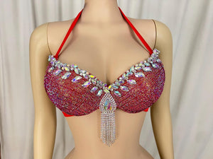 Dancing Bra Top, Women's Red Embellished Rhinestone Halter Bra, Belly Dance