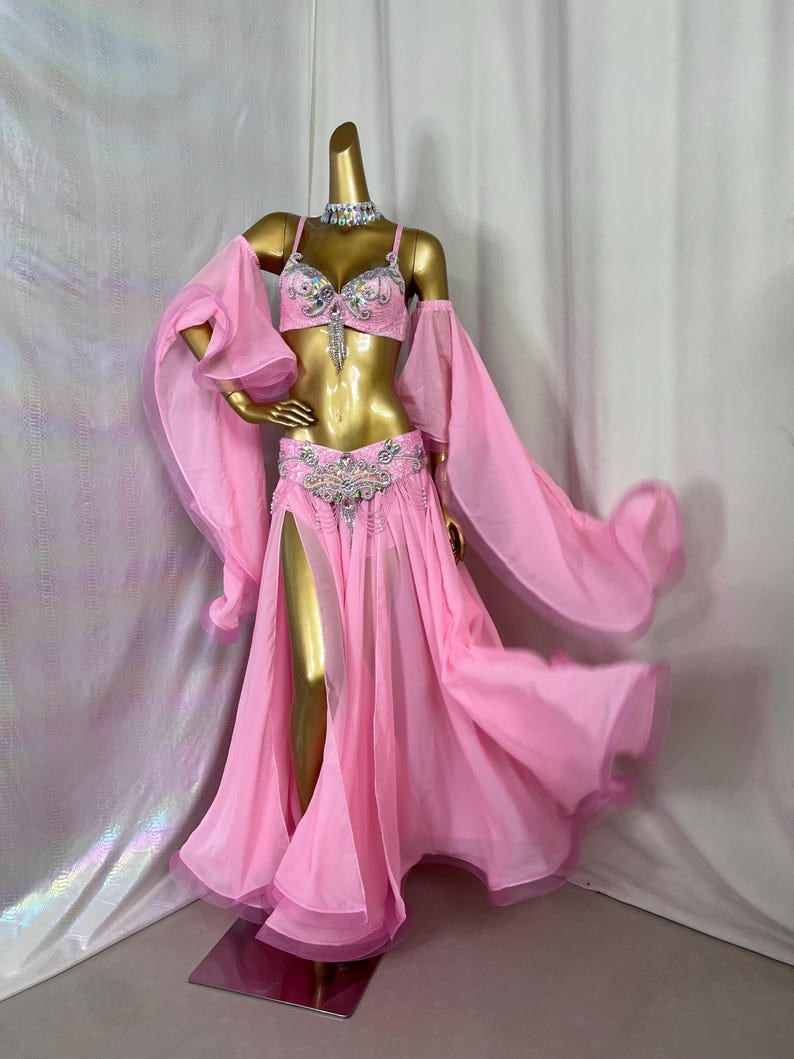 Belly Dance Costume Women's Pink Sequin Chiffon Slit Skirt Set with Sleeves and Rhinestone Embellishments, Adult