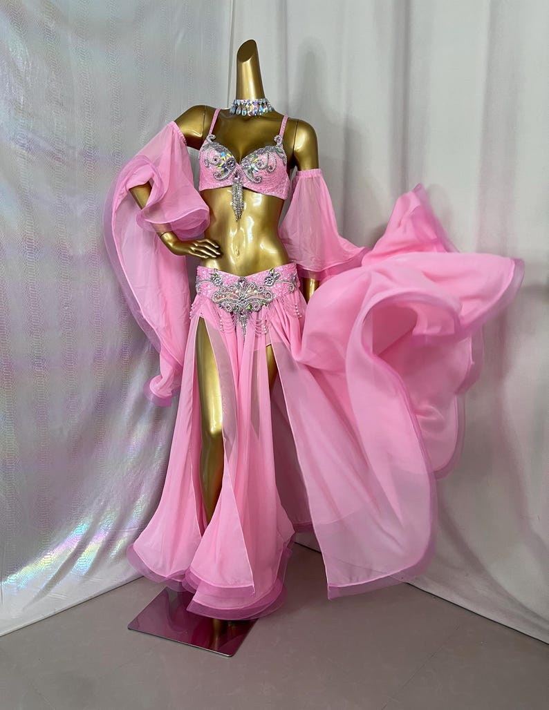 Belly Dance Costume Women's Pink Sequin Chiffon Slit Skirt Set with Sleeves and Rhinestone Embellishments, Adult