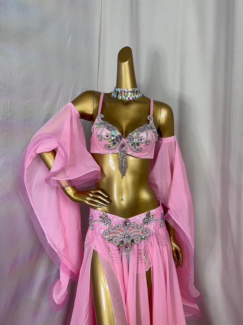 Belly Dance Costume Women's Pink Sequin Chiffon Slit Skirt Set with Sleeves and Rhinestone Embellishments, Adult