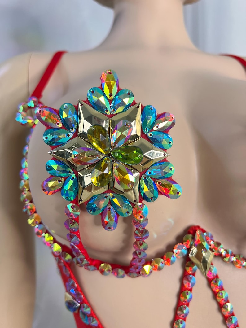 Women's Red Rhinestone Embellished Cut-Out Bodysuit, Brazilian Samba Dancewear