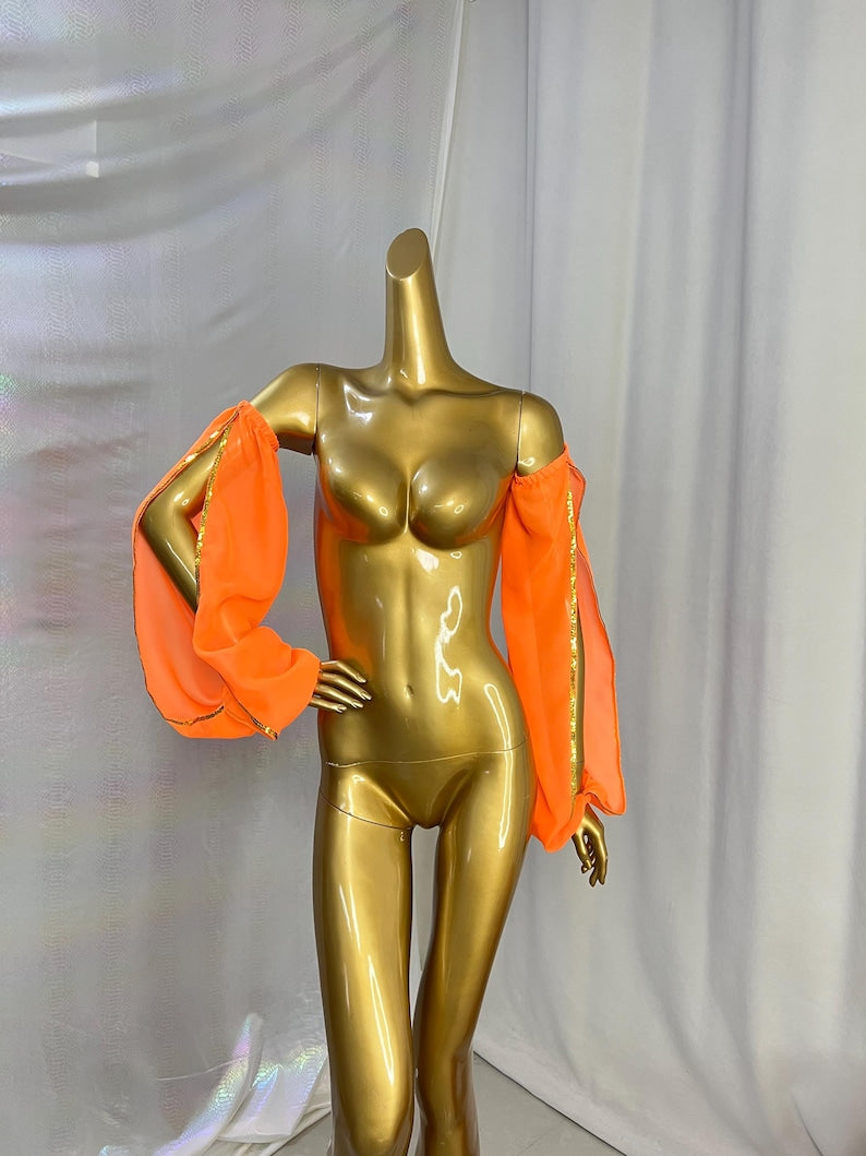 Dance Top, Women's Orange Chiffon Bell Sleeve with Gold Trim, Belly Dance