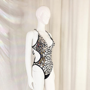 Women's Pink & Gold Mirrored Halterneck Dance Bodysuit