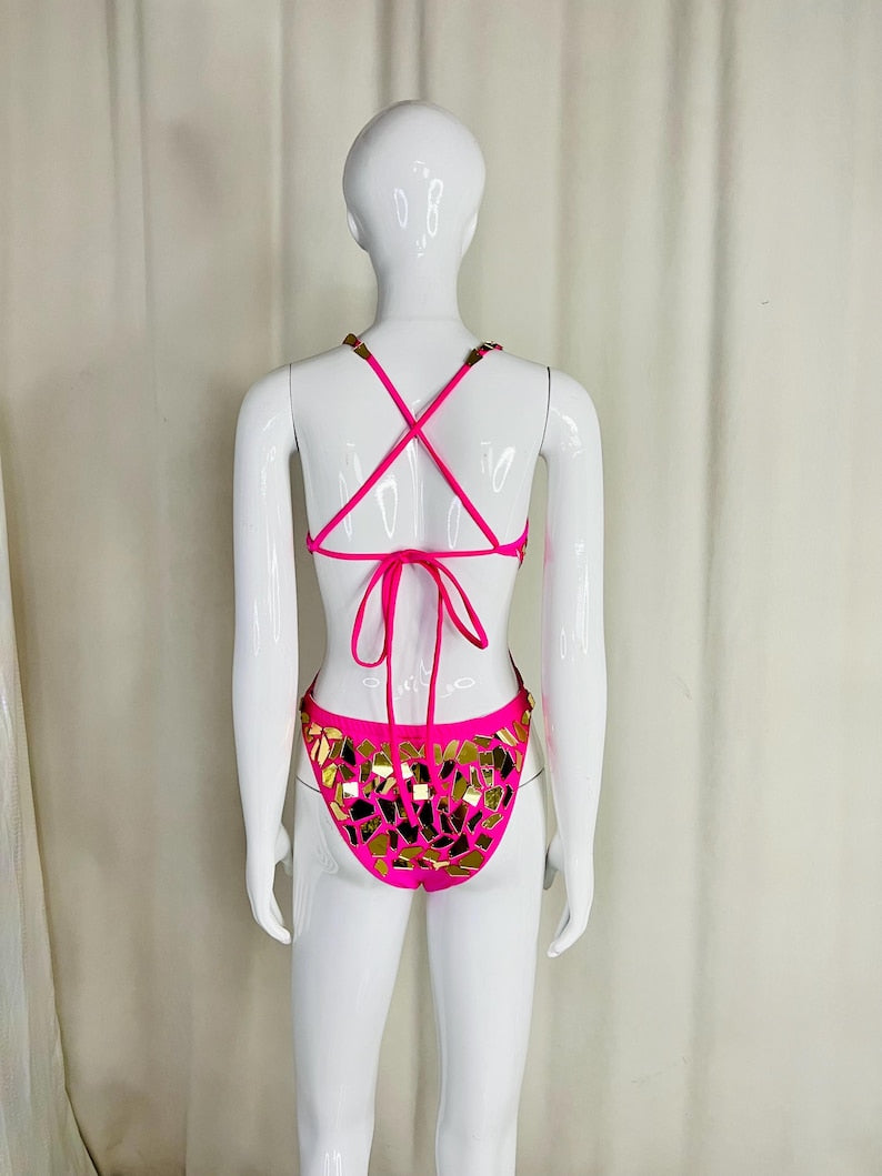Women's Pink & Gold Mirrored Halterneck Dance Bodysuit