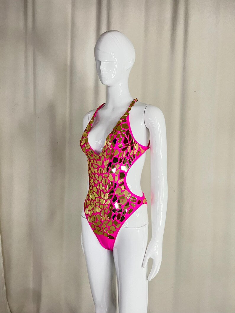 Women's Pink & Gold Mirrored Halterneck Dance Bodysuit