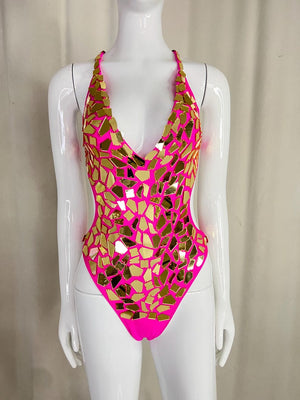Women's Pink & Gold Mirrored Halterneck Dance Bodysuit