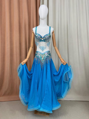 Belly Dance Costume Women Hot Pink Sequin Beaded Bra and Skirt Set Chiffon Flowy Skirt