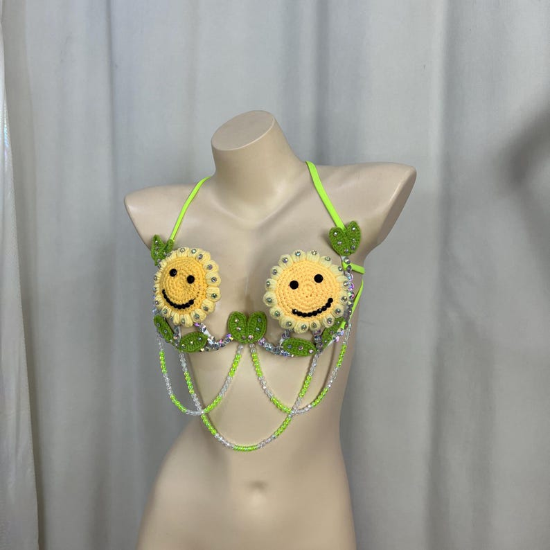 Dancing Bra Top Women's Green Yellow Crocheted Smiley Sunflower Sequin Beaded Halter Top Rave Festival Wear