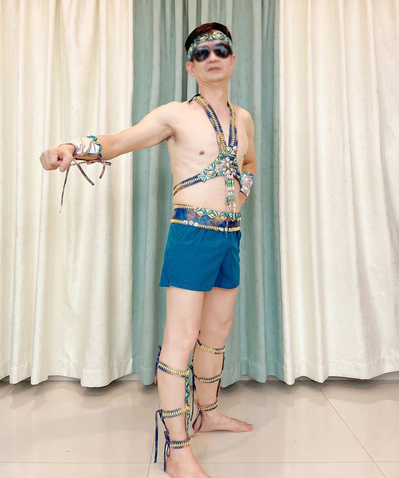 Men's Pink and Black Abstract Print Halter Neck Dance Costume with Armbands and Leg Cuffs