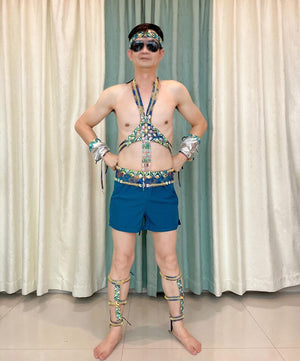 Men's Pink and Black Abstract Print Halter Neck Dance Costume with Armbands and Leg Cuffs