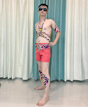 Men's Pink and Black Abstract Print Halter Neck Dance Costume with Armbands and Leg Cuffs