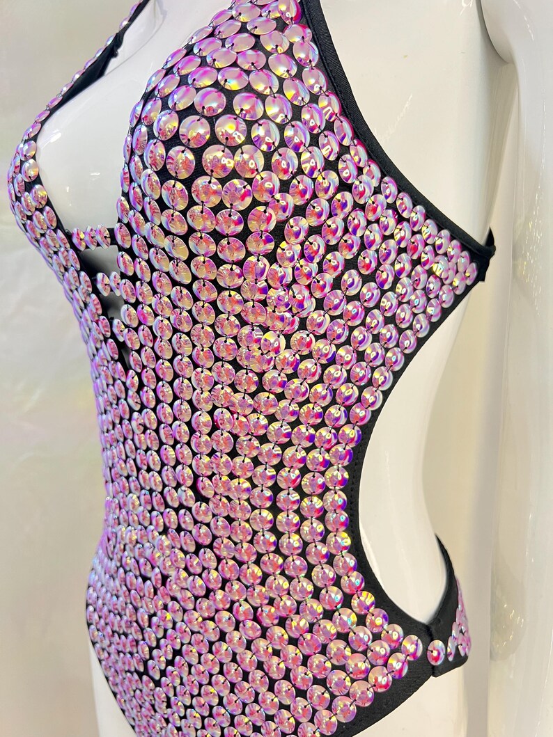 Women's Iridescent Sequin Rhinestone Halter Neck Dance Leotard - Ballroom, Latin, Jazz
