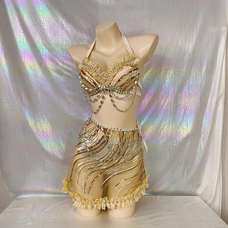 Women's Gold Sequin Halter Top & Mini Skirt Set with Rhinestone Chains, Belly Dance Costume