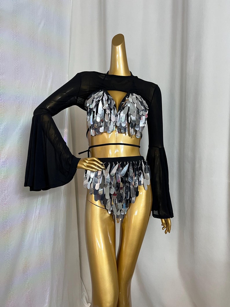 Dance Two-Piece Set, Women's Black & Silver Sequin Mesh Long Sleeve Crop Top & High Waist Bottom, Rave Dancewear