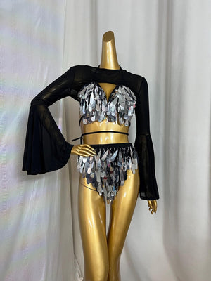 Dance Two-Piece Set, Women's Black & Silver Sequin Mesh Long Sleeve Crop Top & High Waist Bottom, Rave Dancewear