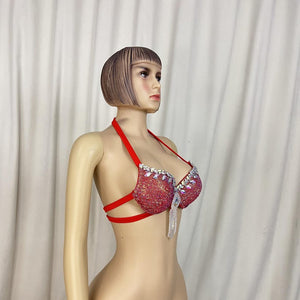Dancing Bra Top, Women's Red Embellished Rhinestone Halter Bra, Belly Dance