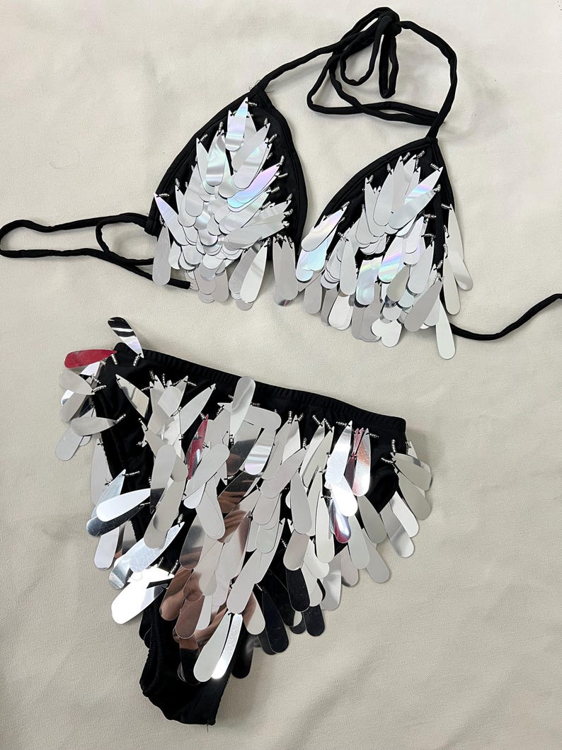 Dance Two-Piece Set, Women's Black & Silver Sequin Mesh Long Sleeve Crop Top & High Waist Bottom, Rave Dancewear