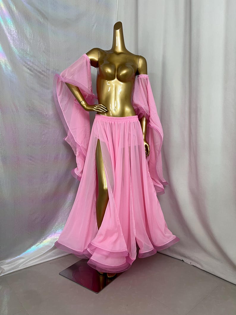 Women's Pink Chiffon Off-Shoulder Bell Sleeve Slit Skirt Belly Dance Costume
