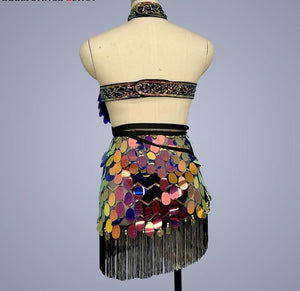 Women's Iridescent Sequin Halter Crop Top & Fringe Skirt Set - Belly Dance Costume