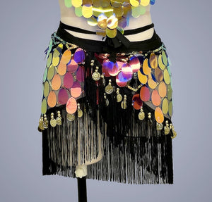 Women's Iridescent Sequin Halter Crop Top & Fringe Skirt Set - Belly Dance Costume