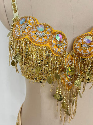 Women's Gold Embellished Sequin Fringe Belly Dance Bra and Belt Set