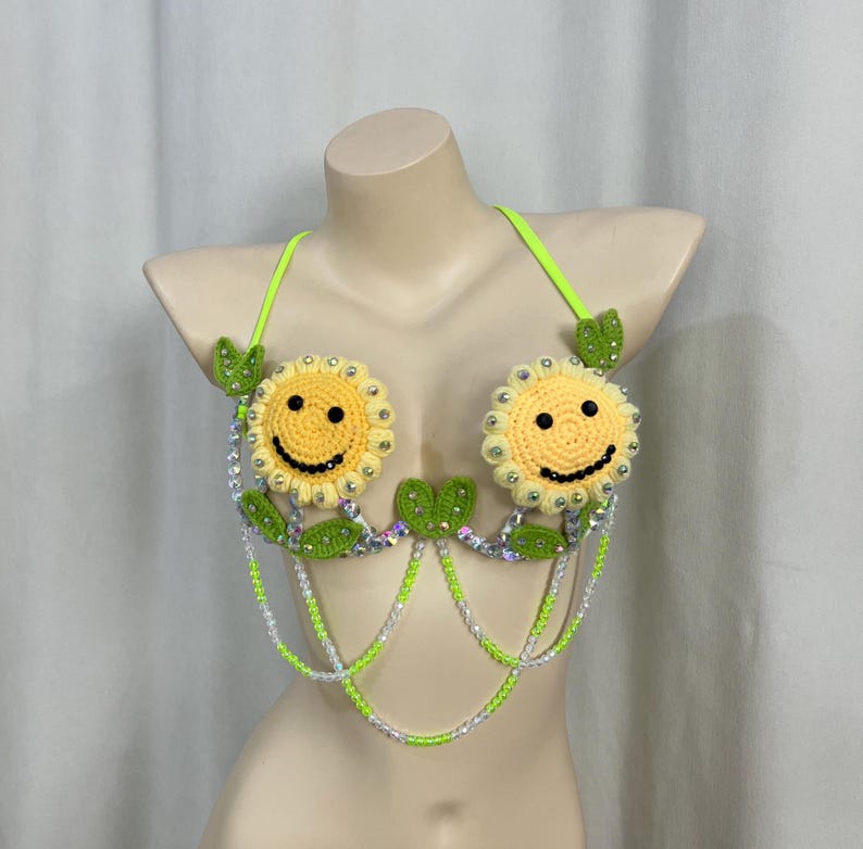Dancing Bra Top Women's Green Yellow Crocheted Smiley Sunflower Sequin Beaded Halter Top Rave Festival Wear