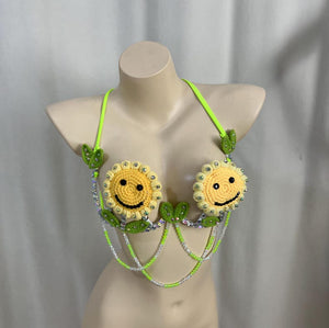 Dancing Bra Top Women's Green Yellow Crocheted Smiley Sunflower Sequin Beaded Halter Top Rave Festival Wear