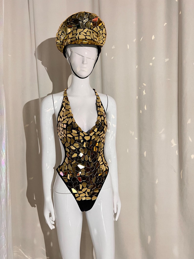 Dance Bodysuit Women's Gold Mirrored Halter Disco Style