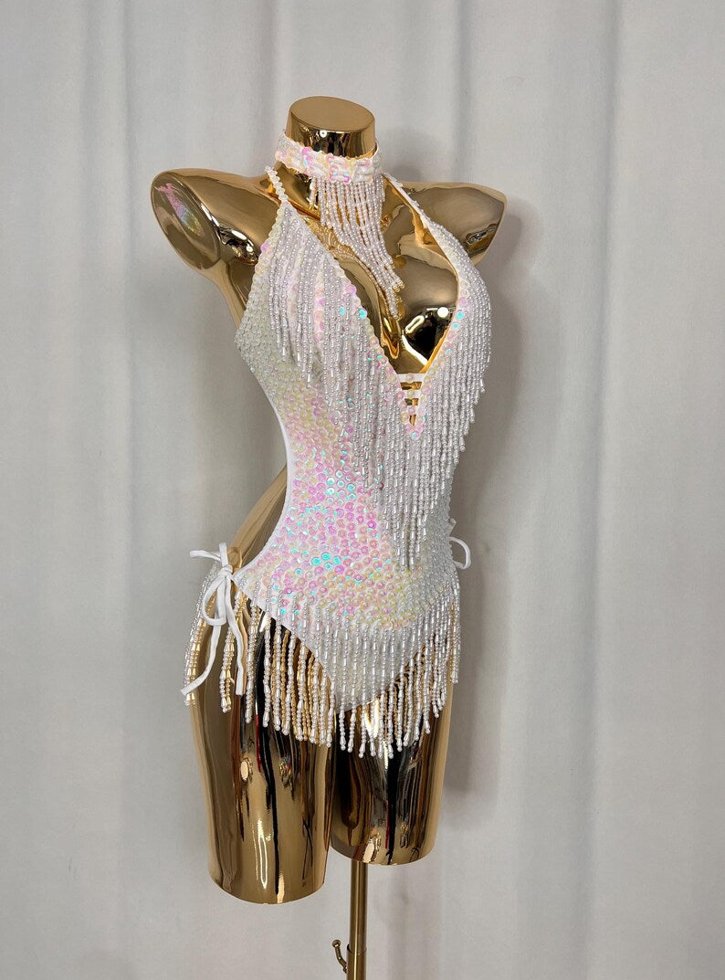 Women's White Iridescent Sequin Beaded Fringe Halter Neck Latin Dance Leotard