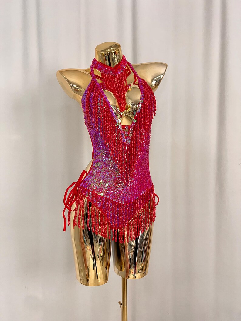 Women's Red & Pink Ombre Sequin Fringe Halter Latin Dance Dress