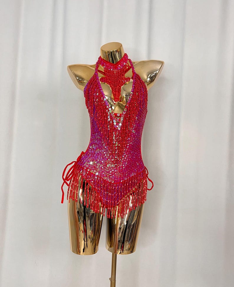 Women's Red & Pink Ombre Sequin Fringe Halter Latin Dance Dress