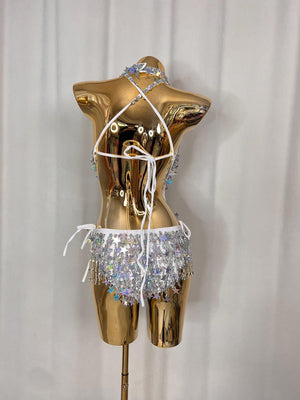 Women's Silver Sequin Star Fringe Halter Neck Bodysuit Dance Costume