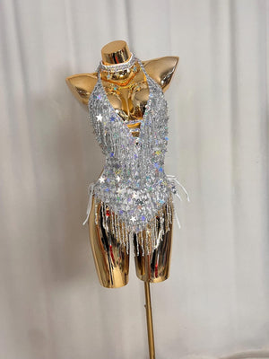 Women's Silver Sequin Star Fringe Halter Neck Bodysuit Dance Costume