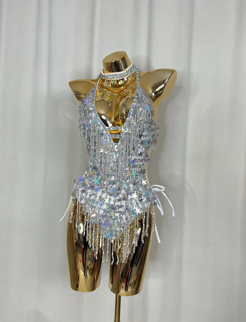 Women's Silver Sequin Star Fringe Halter Neck Bodysuit Dance Costume