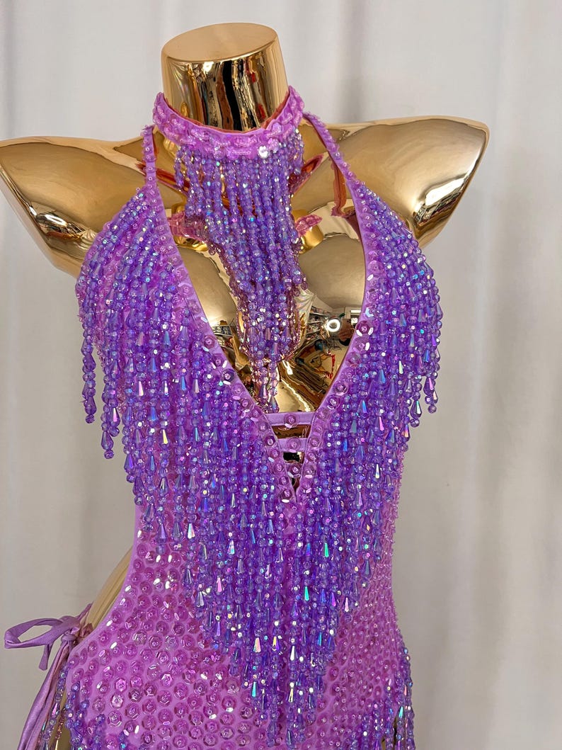 Women's Purple Sequin Beaded Fringe Halterneck Latin Dance Leotard