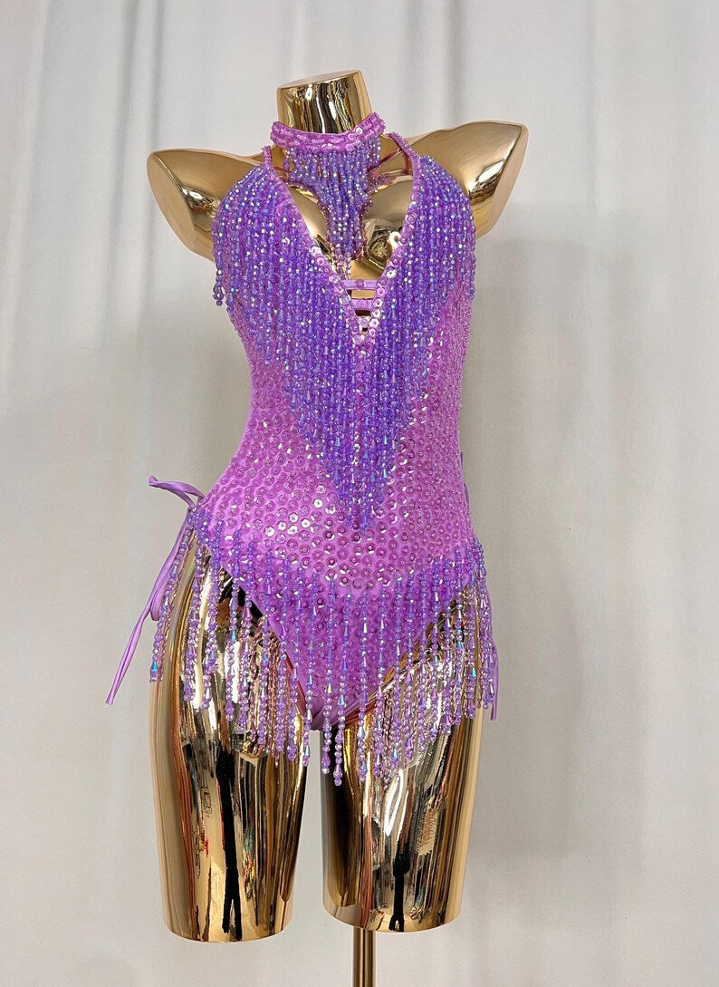 Women's Purple Sequin Beaded Fringe Halterneck Latin Dance Leotard