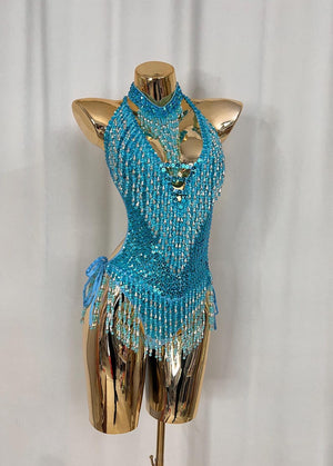 Women's Teal Sequin Beaded Fringe Halter Neck Latin Dance Bodysuit
