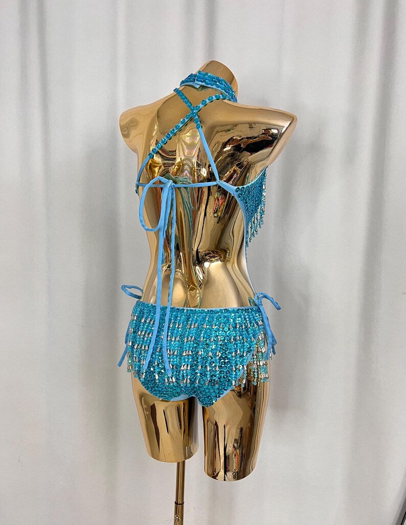 Women's Teal Sequin Beaded Fringe Halter Neck Latin Dance Bodysuit