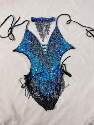 Women's Blue Sequin Beaded Fringe Halterneck Latin Dance Leotard
