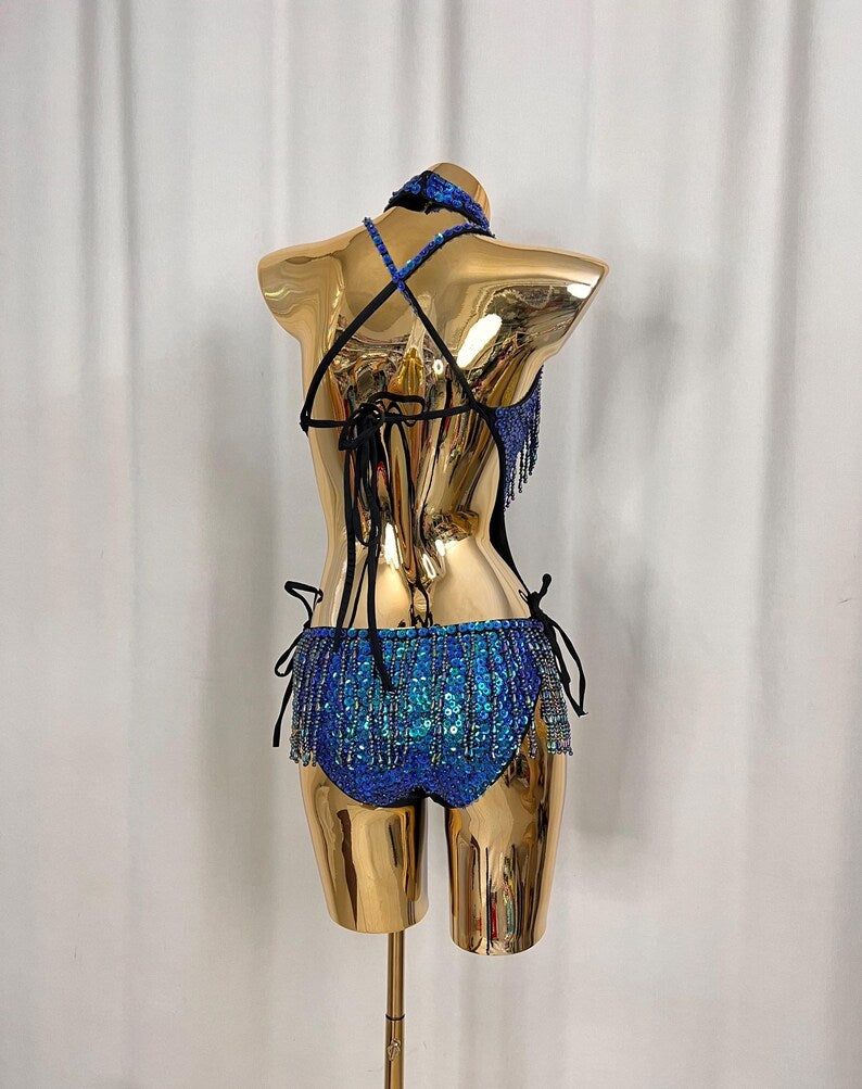 Women's Blue Sequin Beaded Fringe Halterneck Latin Dance Leotard