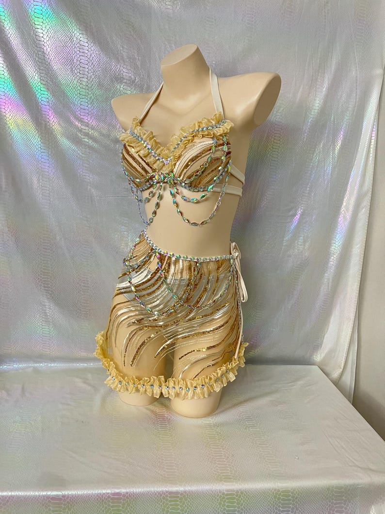 Women's Gold Sequin Halter Top & Mini Skirt Set with Rhinestone Chains, Belly Dance Costume