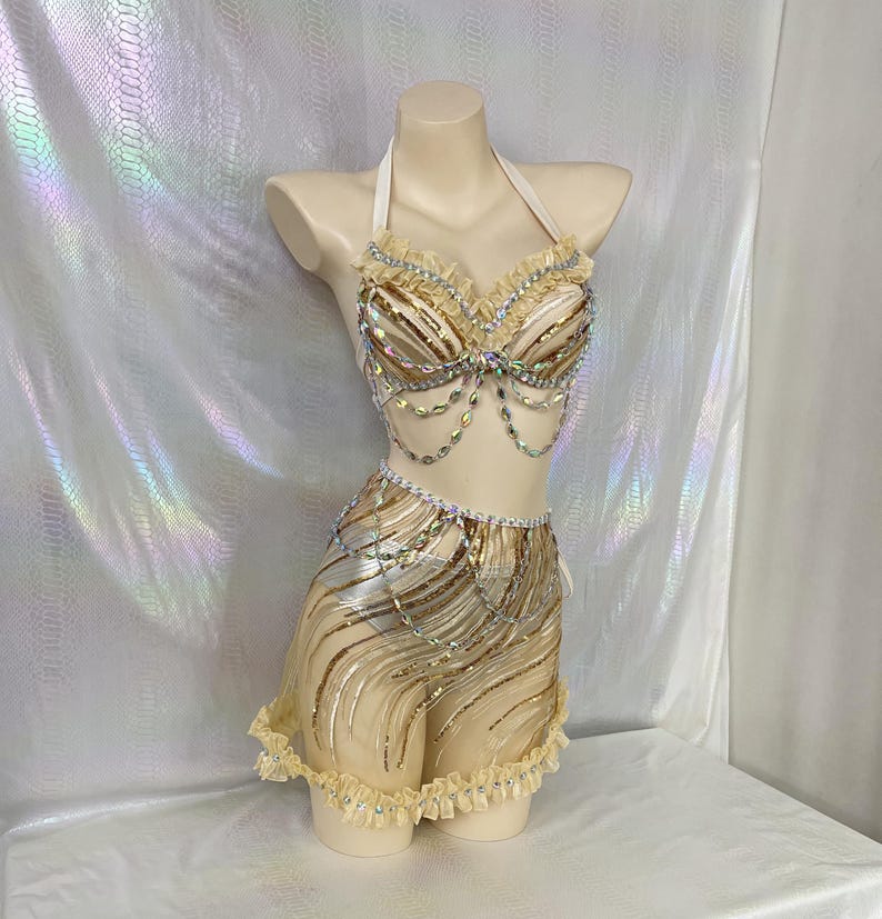 Women's Gold Sequin Halter Top & Mini Skirt Set with Rhinestone Chains, Belly Dance Costume
