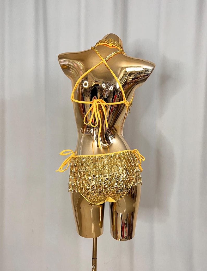 Women's Gold Sequin Fringe Halter Neck Latin Dance Bodysuit