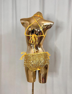 Women's Gold Sequin Fringe Halter Neck Latin Dance Bodysuit