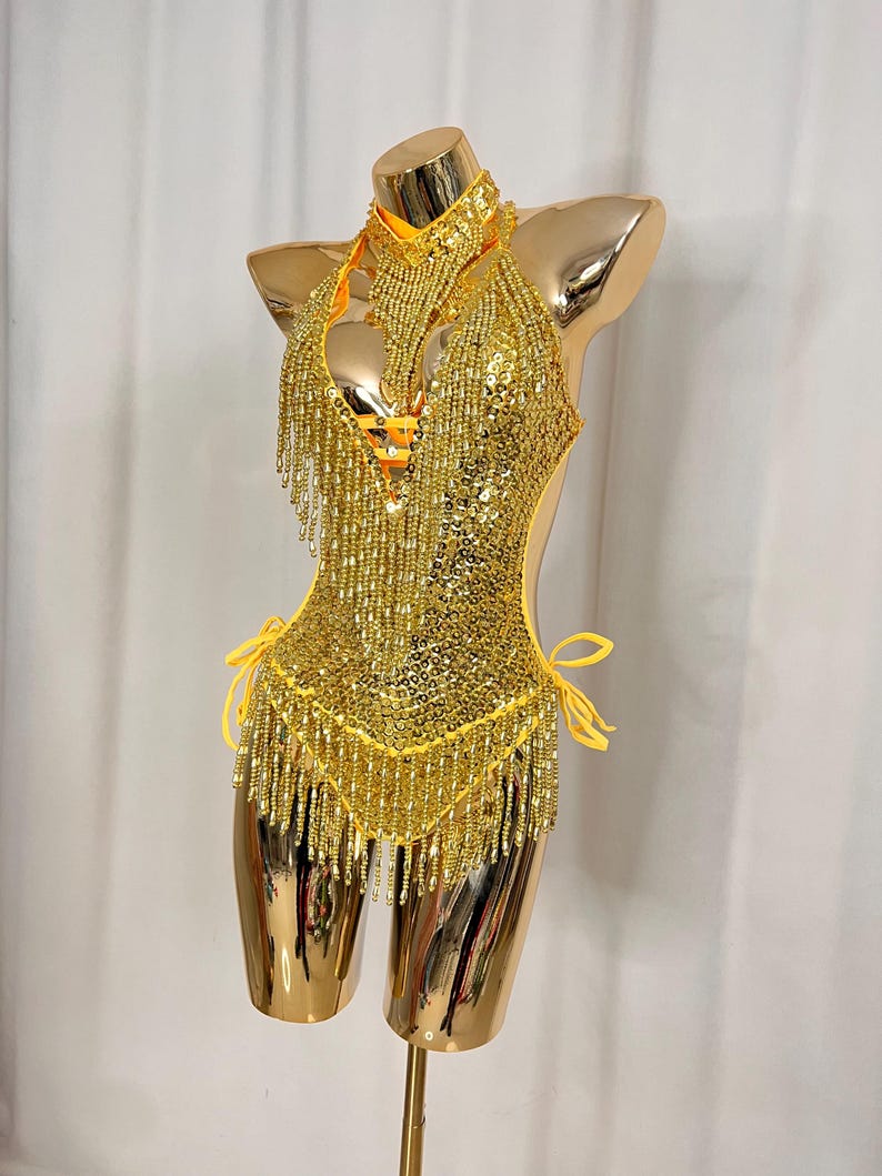 Women's Gold Sequin Fringe Halter Neck Latin Dance Bodysuit