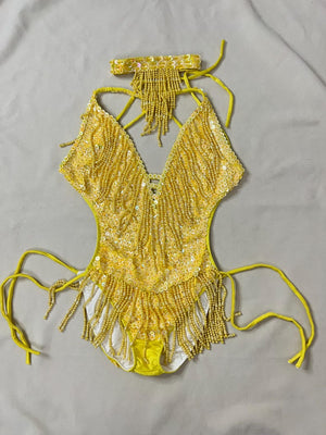 Women's Yellow Sequin Beaded Fringe Halterneck Latin Dance Dress