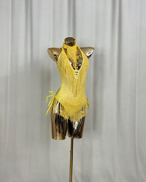 Women's Yellow Sequin Beaded Fringe Halterneck Latin Dance Dress